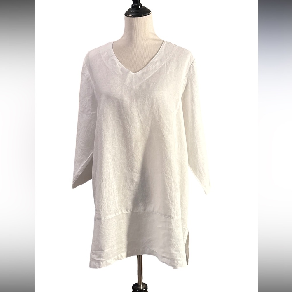 100% Linen White V-Neck Women's Tunic Vintage size Small Loose fit oversized